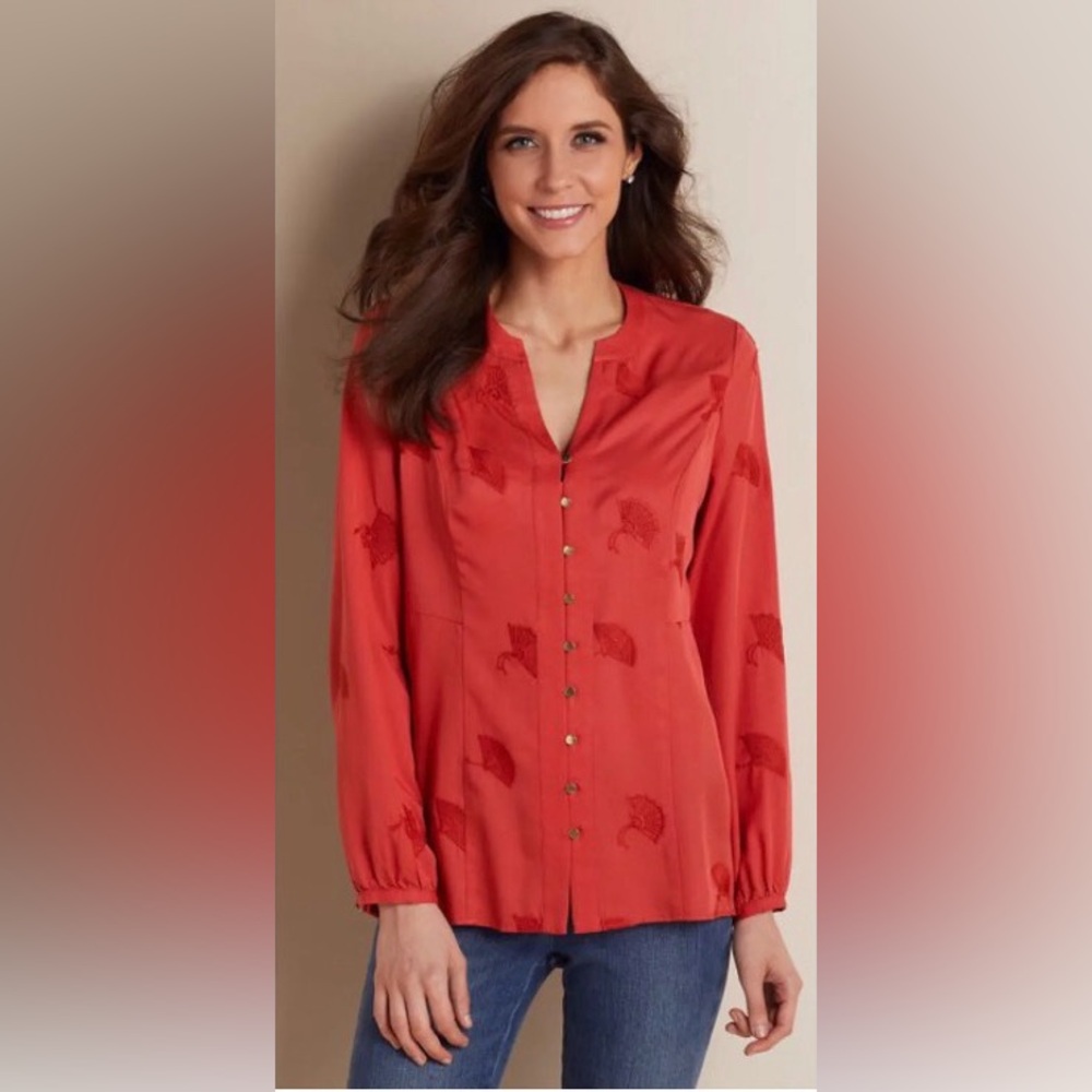 Soft Surroundings Womens Top Button Sonja Coral Fans Embroidered Tencel Blouse L